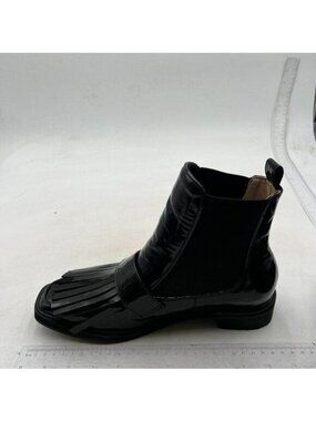 Women's Short Boots Leather Square Toe Tassels, Flats Black Boots